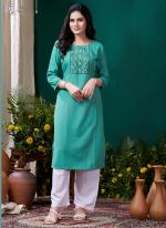 Cotton Teal Casual Wear Hand Work Readymade Kurti With Pant